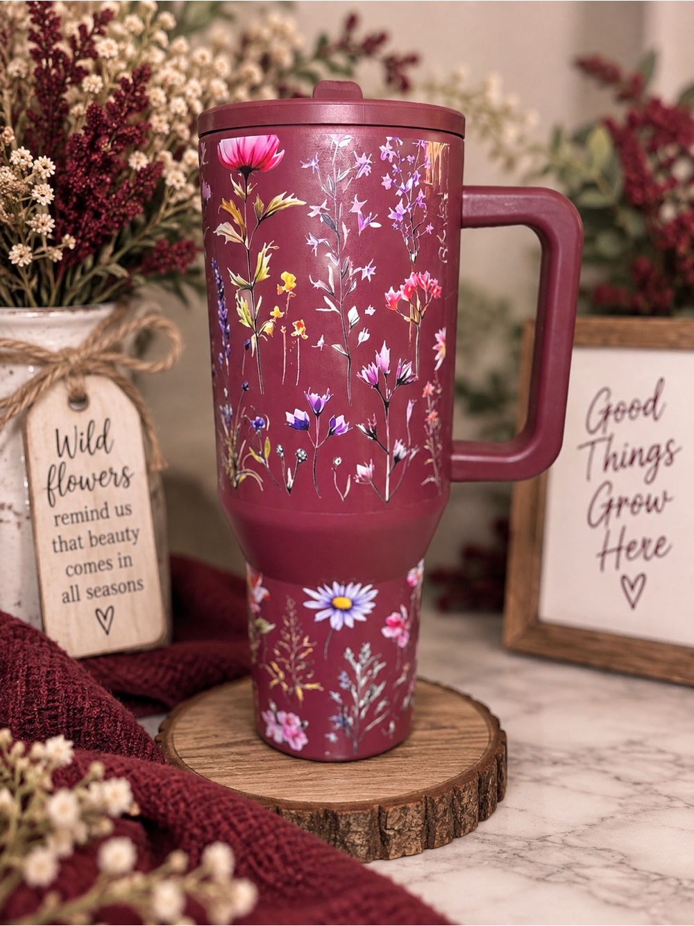 Floral Insulated Travel Mug - Burgundy